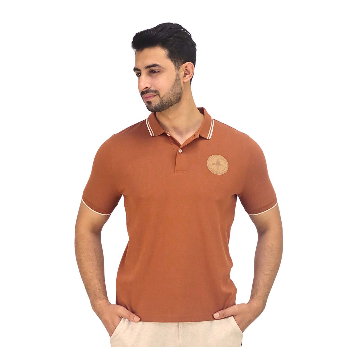 Giordano Men's Pique Flat Knit Collar Short Sleeve Thematic Slim Fit Embroidery Bold Polo-Brown