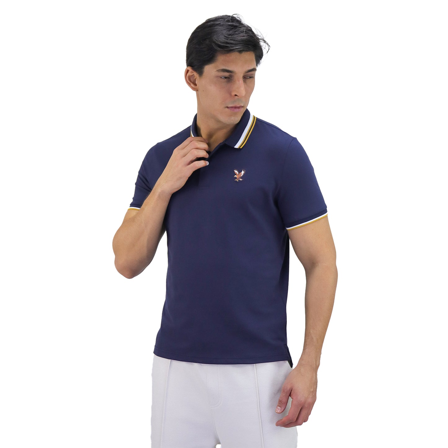 Giordano Men's Pique Flat Knit Collar Short Sleeve Eagle Embroidery Solid Color Polo-Blue