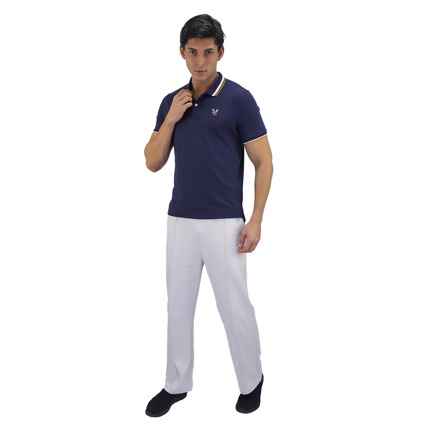 Men's Pique Flat Knit Collar Short Sleeve Eagle Embroidery Solid Color Polo