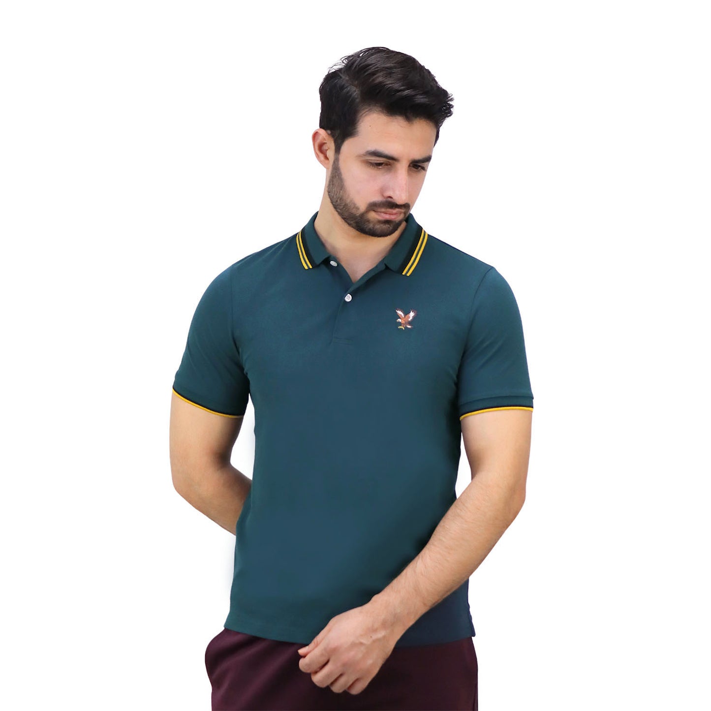 Giordano Men's Pique Flat Knit Collar Short Sleeve Eagle Embroidery Solid Color Polo-Green