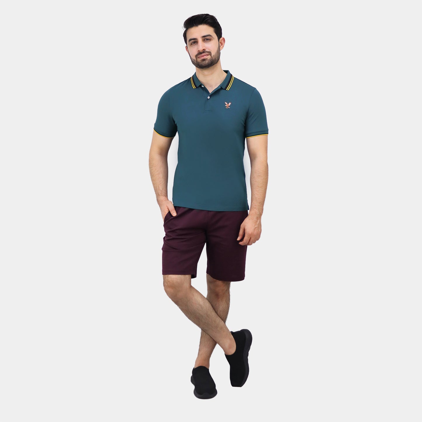 Men's Pique Flat Knit Collar Short Sleeve Eagle Embroidery Solid Color Polo