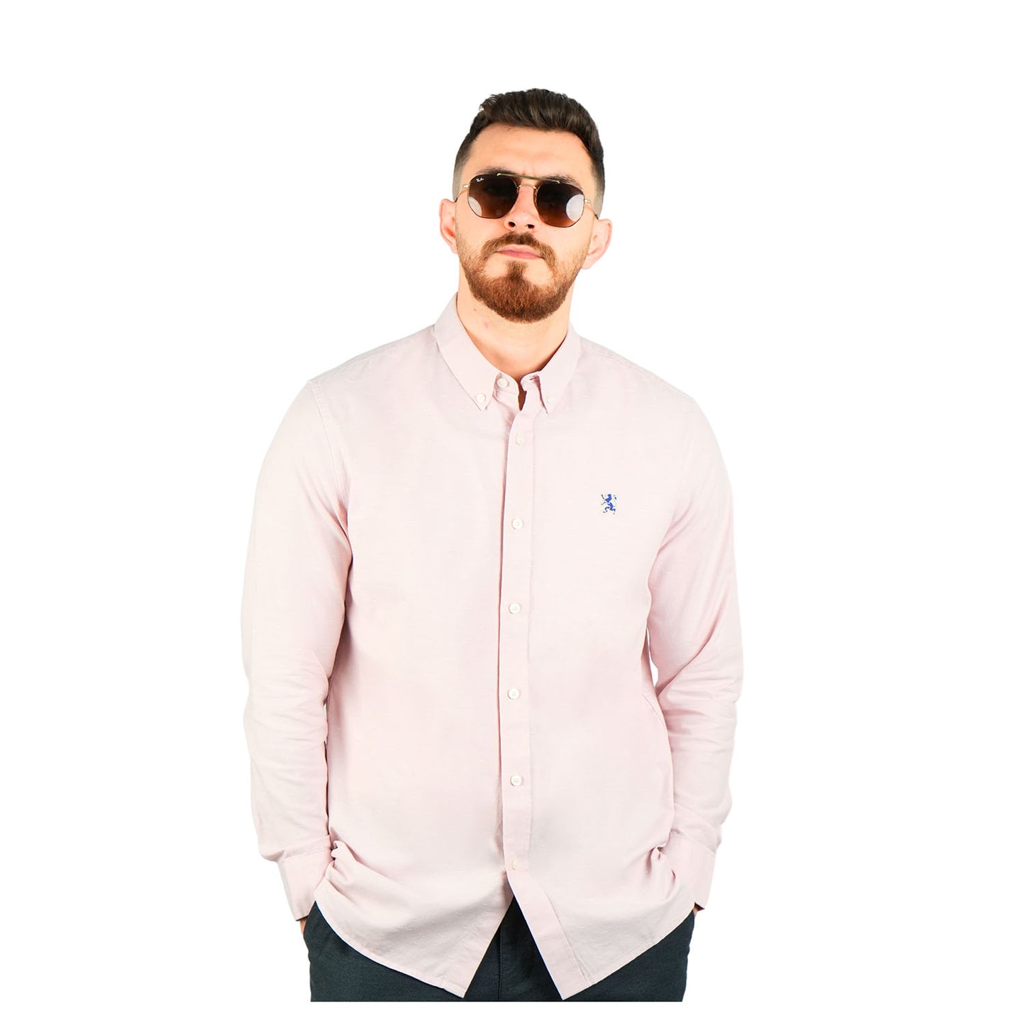 Giordano Men's Cotton Oxford Full Opening Long Sleeve Slim Fit Shirt-Pink