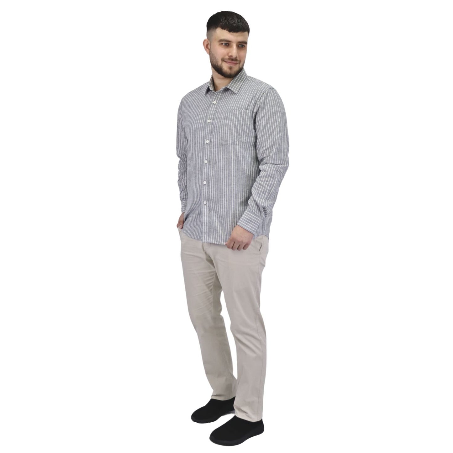 Men's Linen Long Sleeve Slim Fit Front Button Garment Wash Shirt