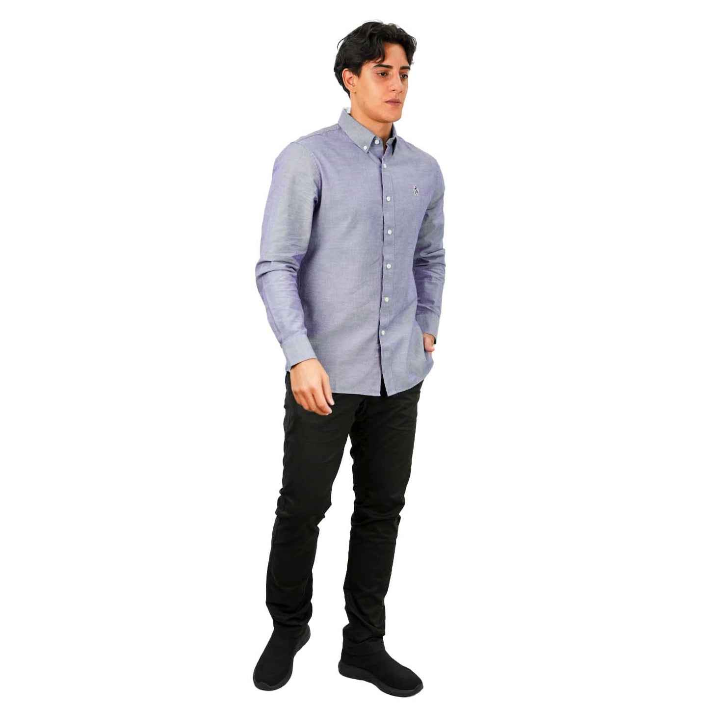 Men's Cotton Oxford Shirt - Small Lion Embroidery, Slim Fit, Full Button