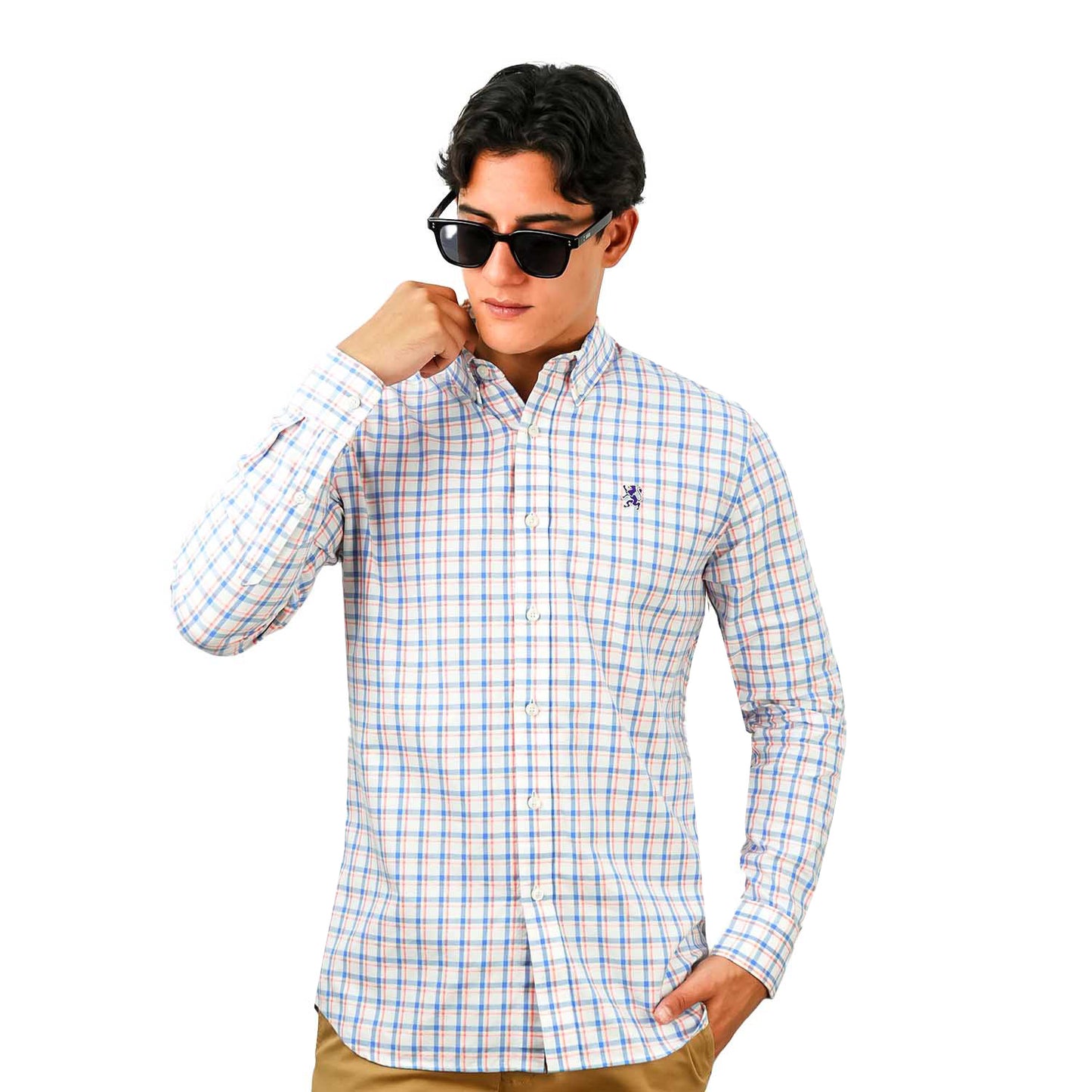 Men's Cotton Oxford Shirt - Small Lion Embroidery, Slim Fit, Full Button