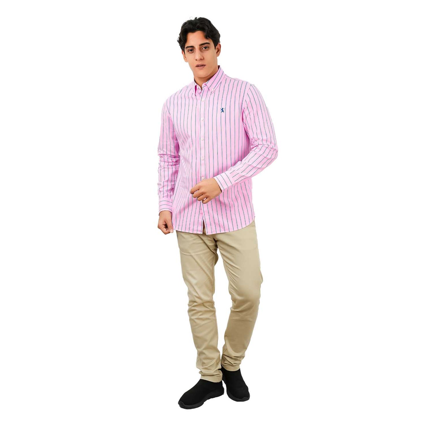 Men's Cotton Oxford Shirt - Small Lion Embroidery, Slim Fit, Full Button