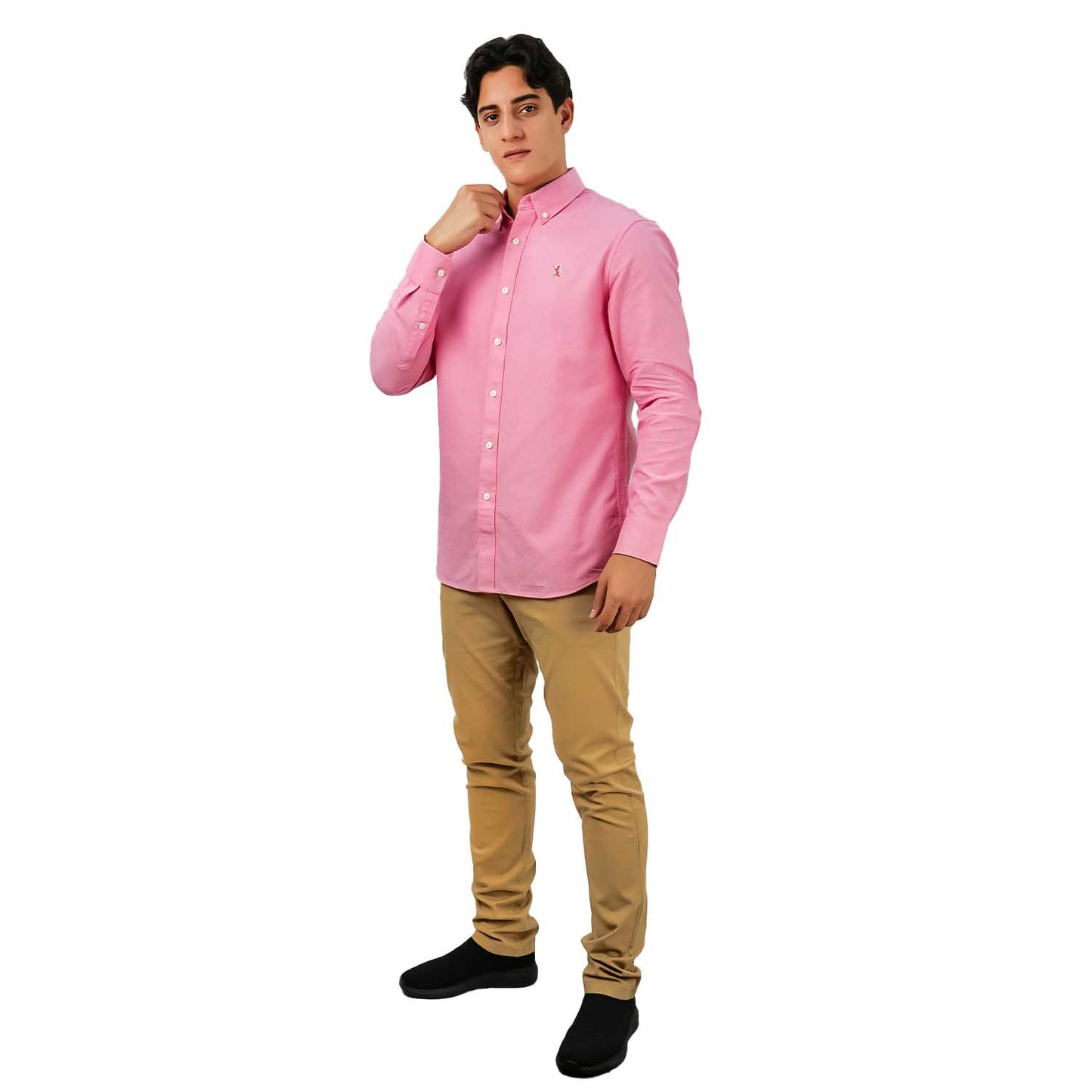 Men's Cotton Oxford Shirt - Small Lion Embroidery, Slim Fit, Full Button