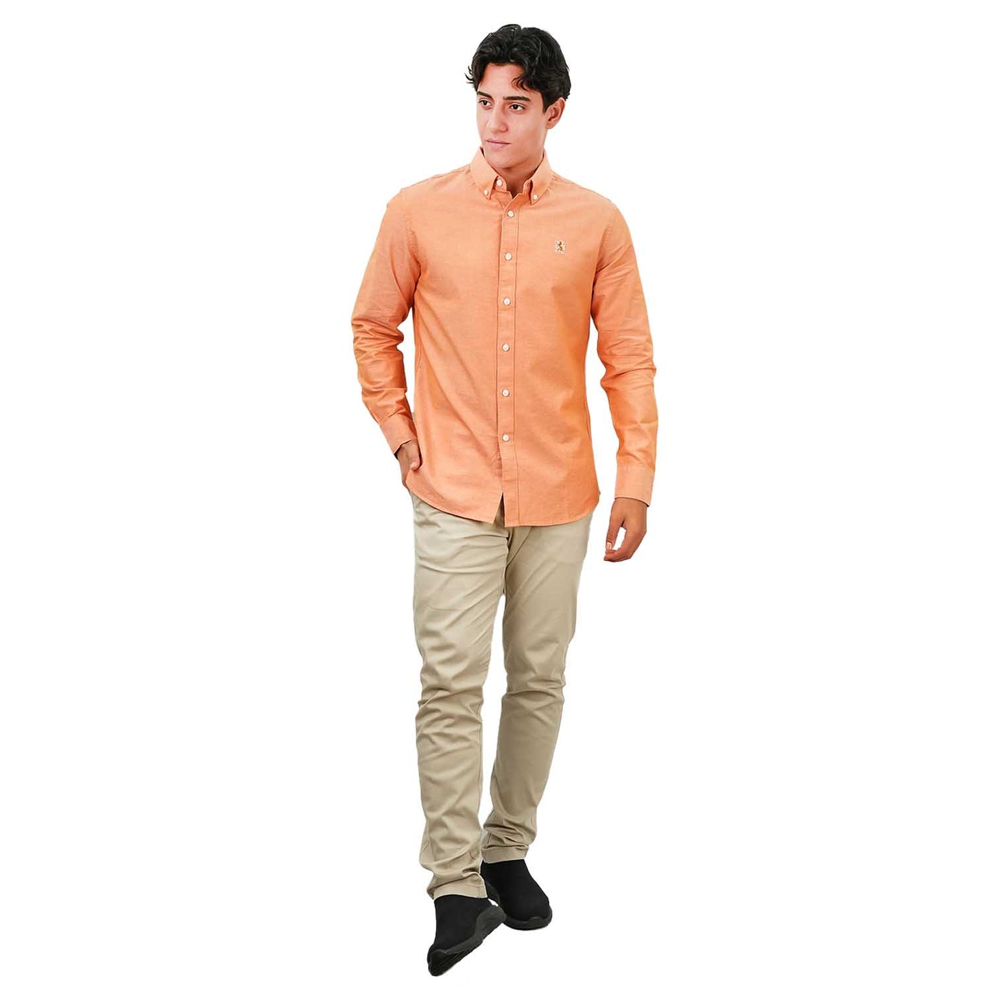 Men's Cotton Oxford Shirt - Small Lion Embroidery, Slim Fit, Full Button