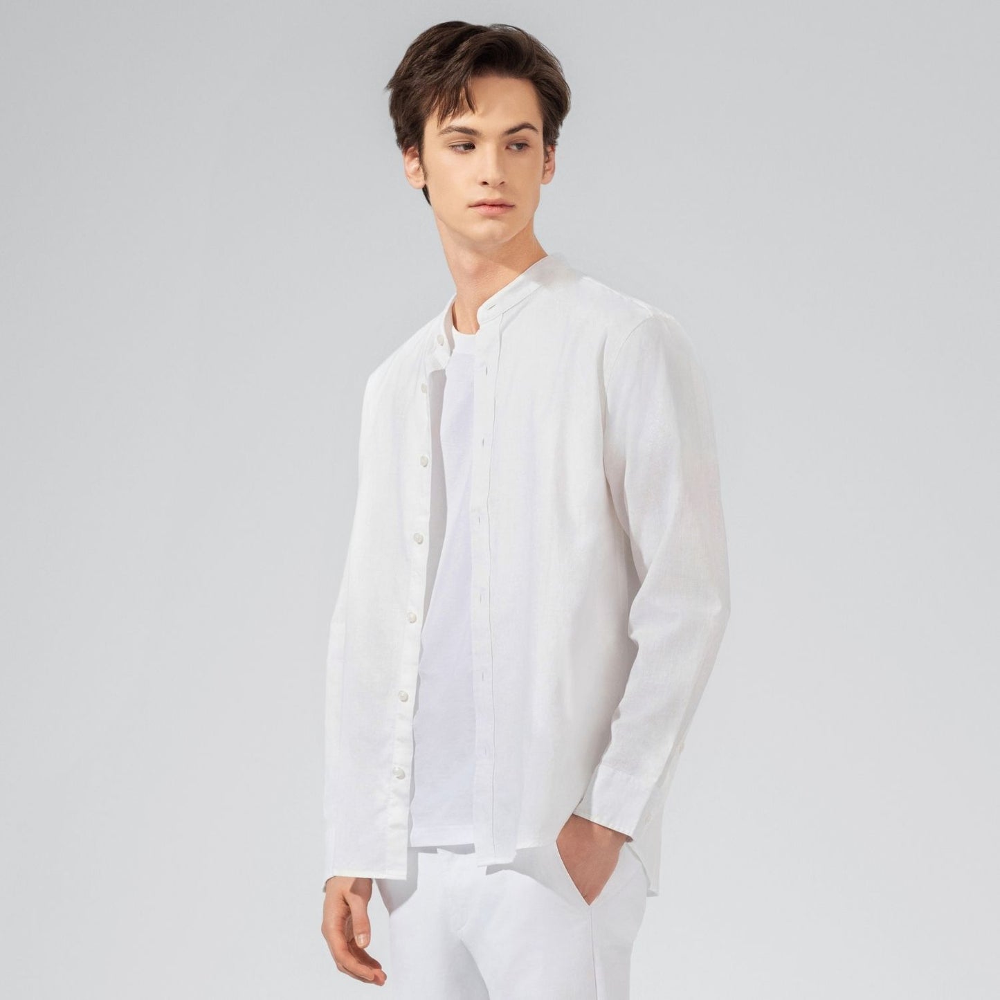 Giordano Men's Linen Poplin Blend Stand Collar Shirt-White