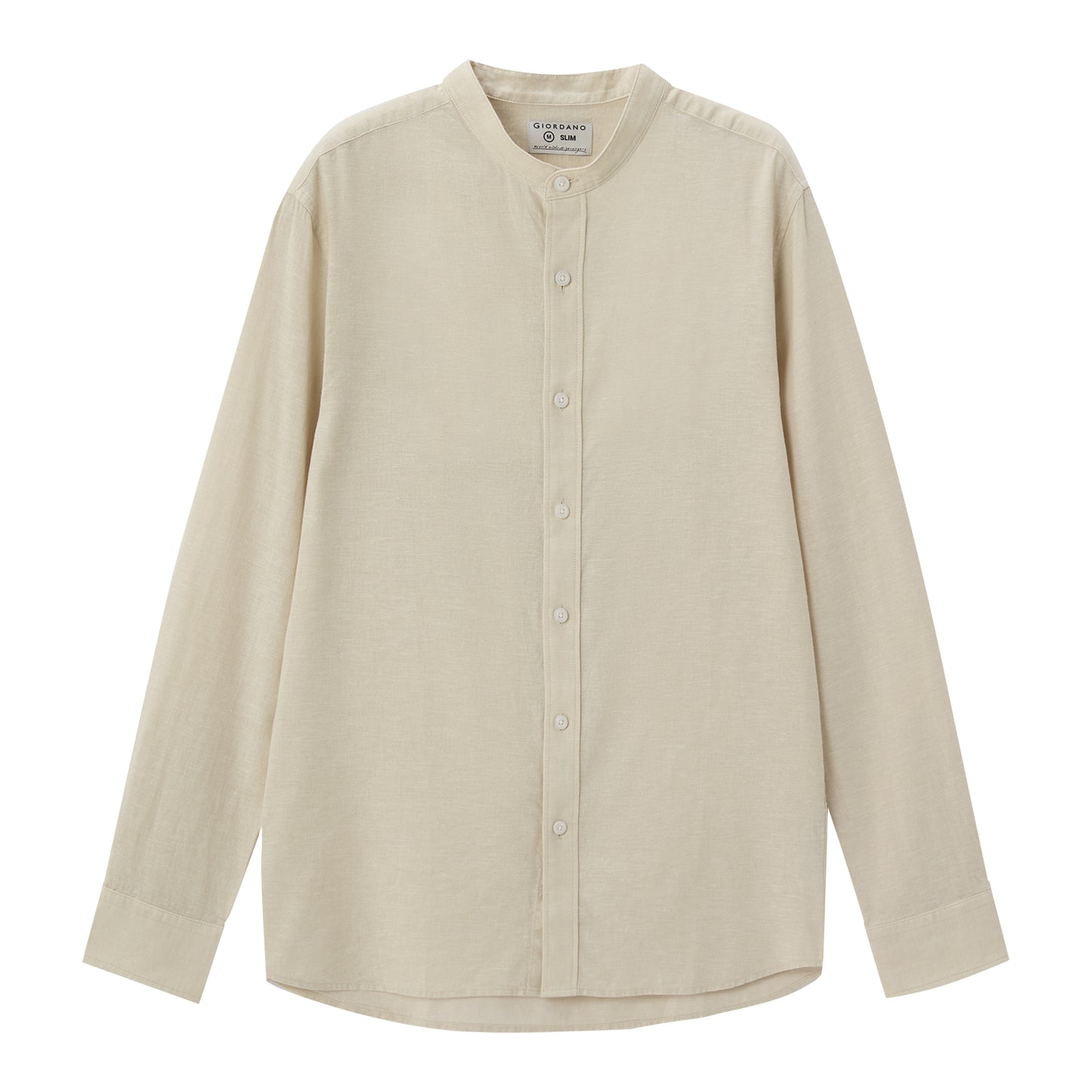 Giordano Men's Linen Poplin Blend Stand Collar Shirt-Beige