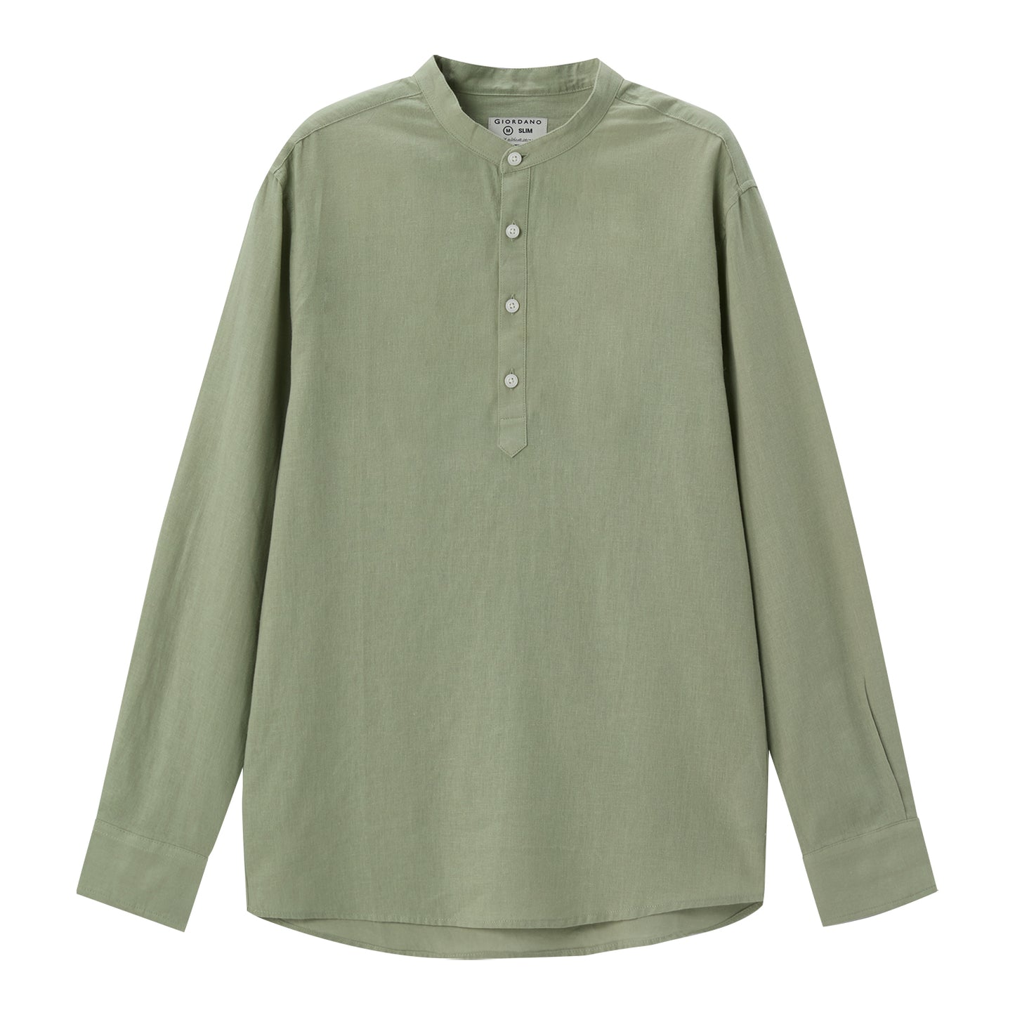 Giordano Men's Linen Cotton Poplin Shirt | Slim Fit, Band Collar-Green