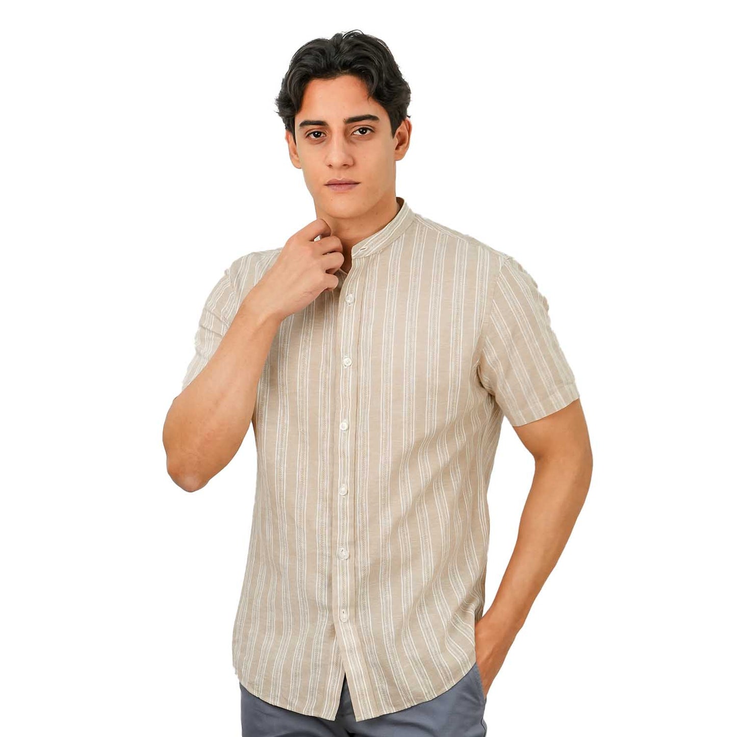 Men's Linen Cotton Poplin Band Collar Shirt | Slim Fit Summer Style