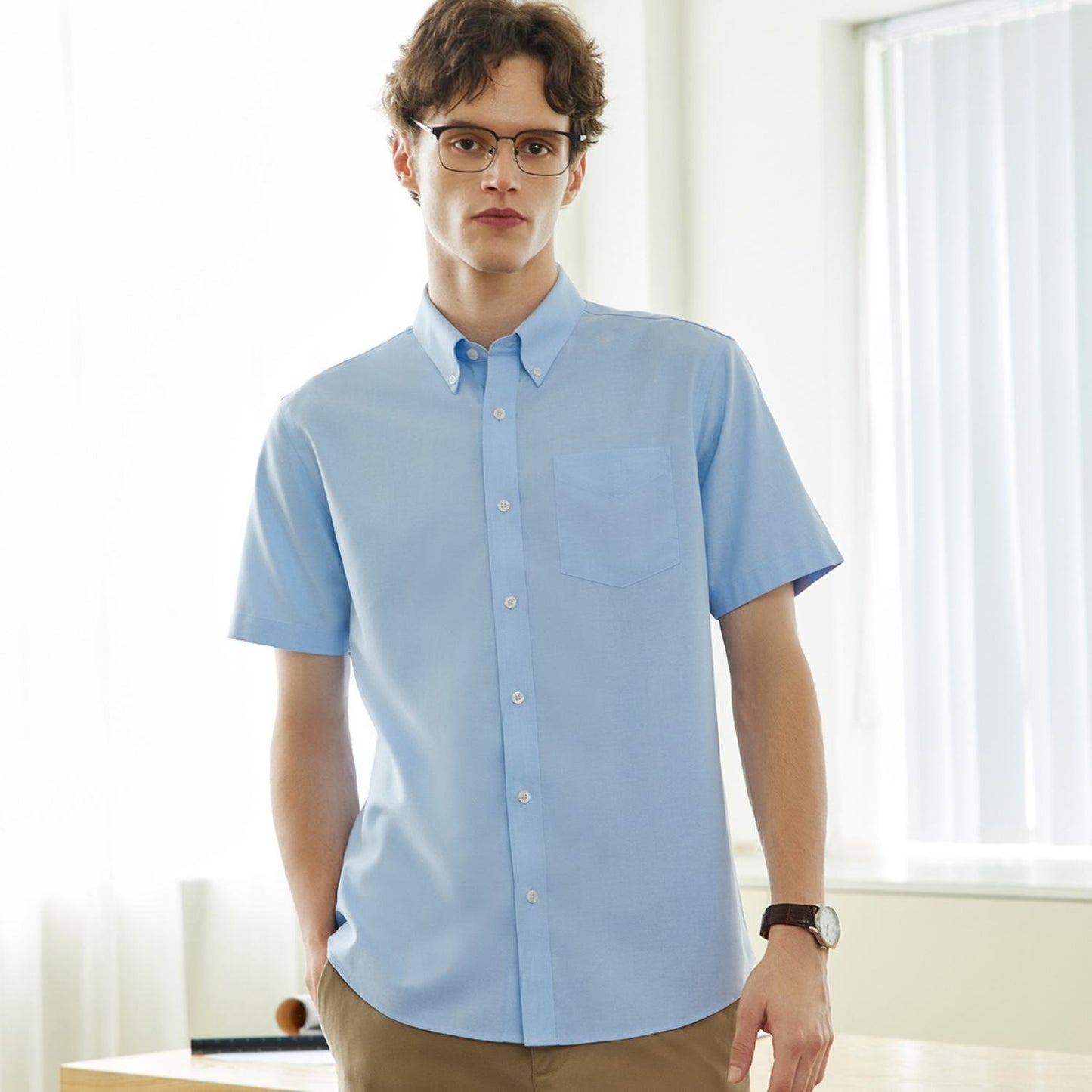 Giordano Men's Wrinkle Free Cotton Oxford Short Sleeve Shirt-Blue
