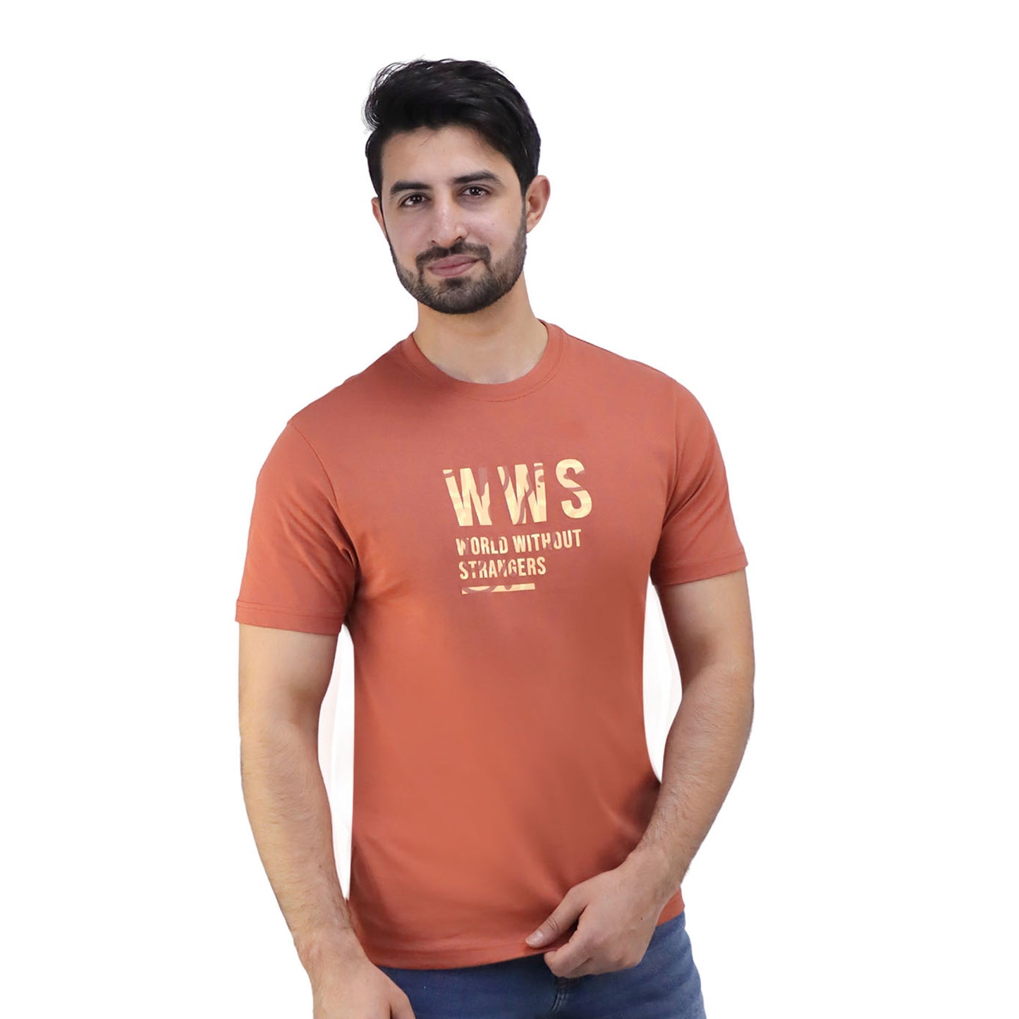 Giordano Men's Cotton Jersey Crewneck Short Sleeve Slim Fit Wws Print Tee-Orange