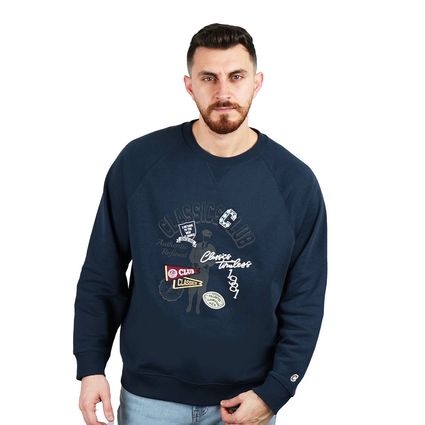 Men’S French Terry Crew Neck Long Sleeve Classic Print Sweatshirt