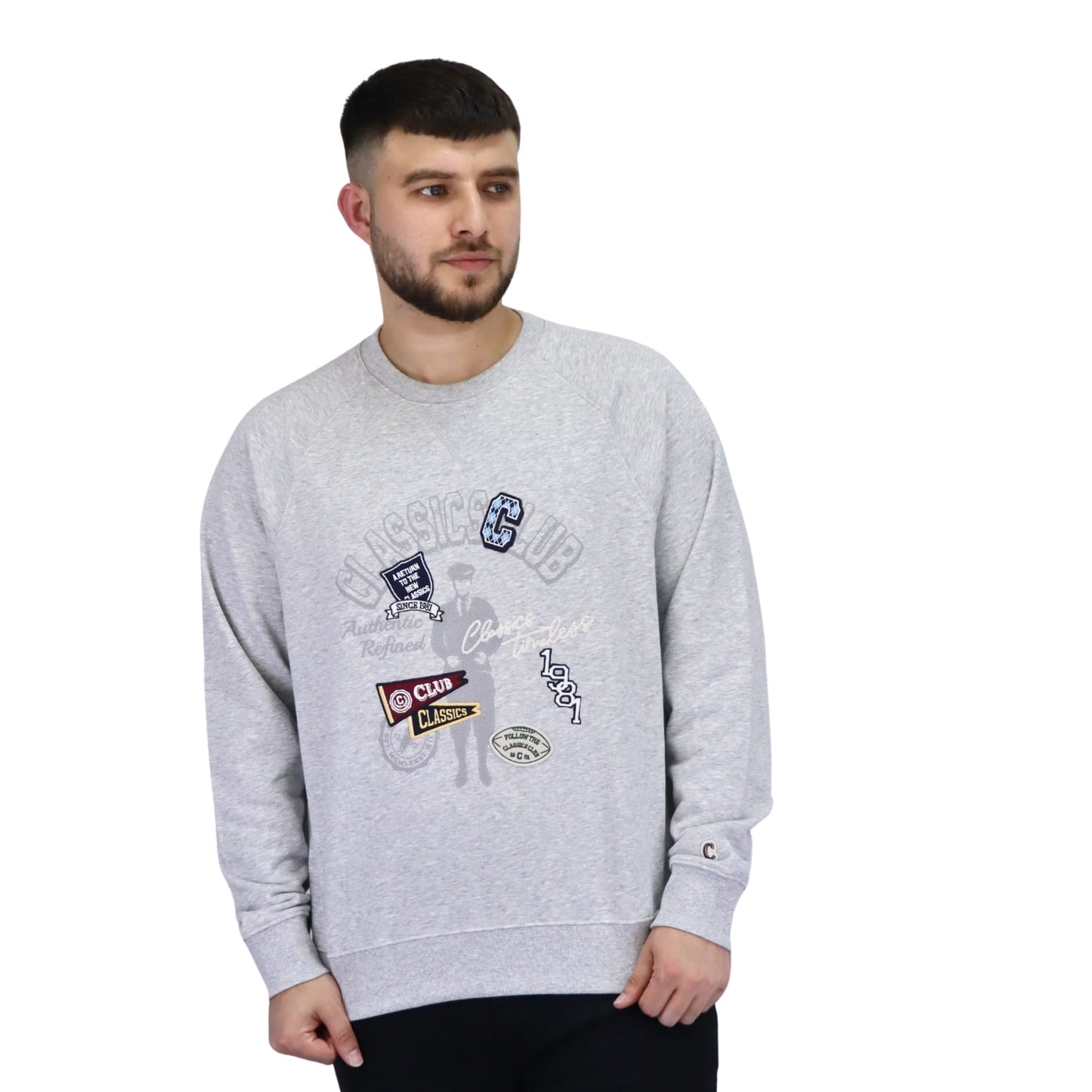 Giordano Men’S French Terry Crew Neck Long Sleeve Classic Print Sweatshirt-Grey