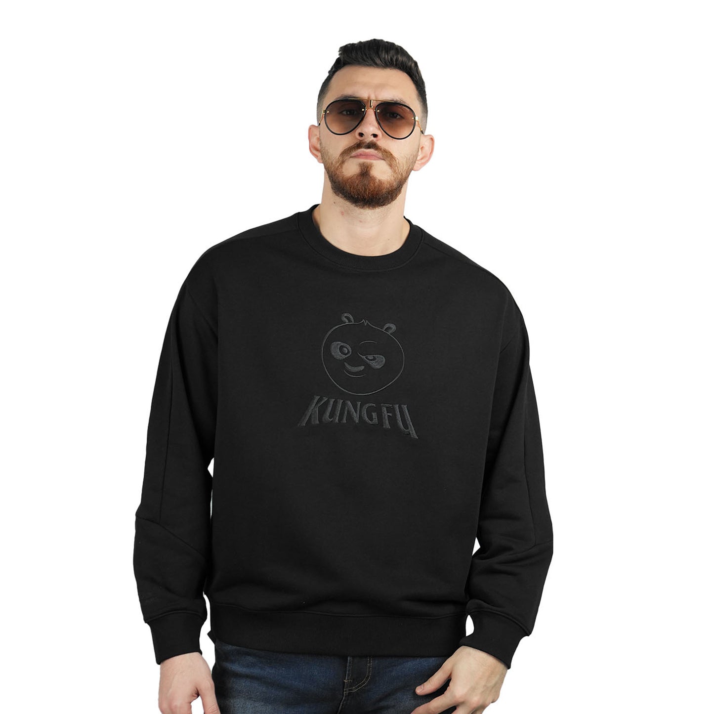 Giordano Men's Kung Fu Panda French Terry Crewneck Sweatshirt-Black