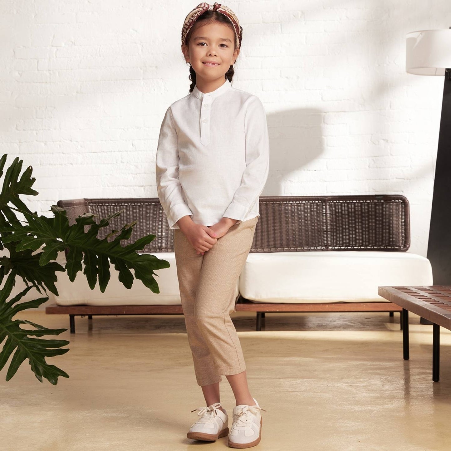 Kids Linen-Cotton Band Collar Shirt - Long Sleeve, Garment Wash