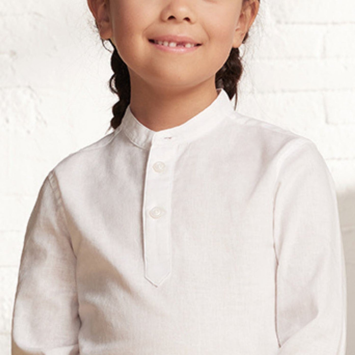 Kids Linen-Cotton Band Collar Shirt - Long Sleeve, Garment Wash