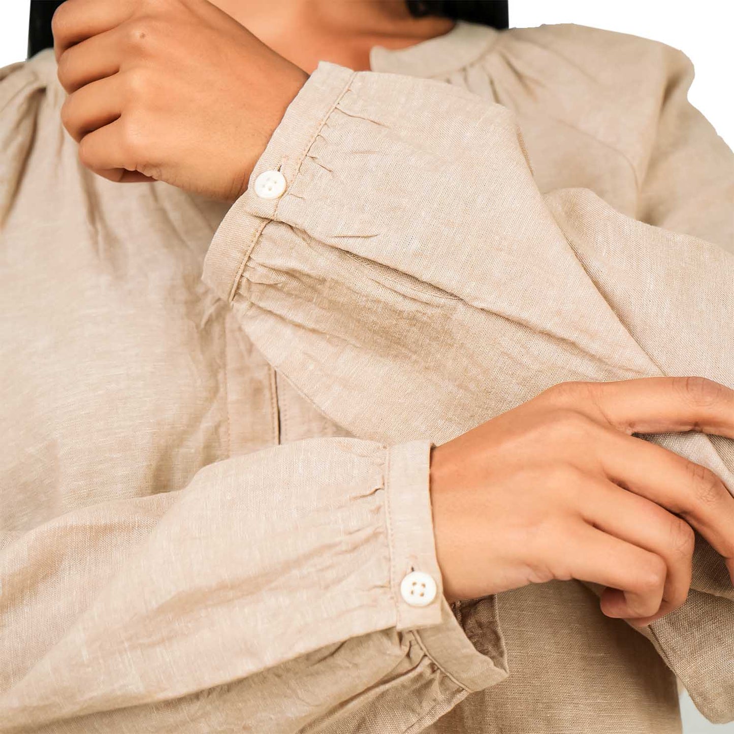 قميص نسائي من قماش البوبلين الكتاني القطني برقبة على شكل حرف V وأكمام طويلة