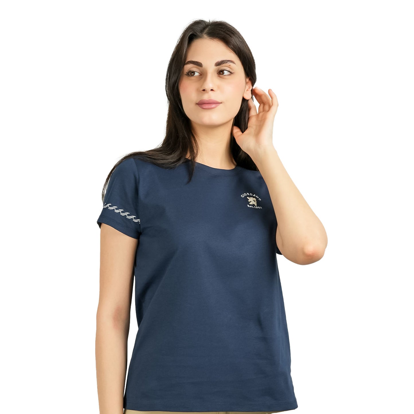 Giordano Women's Cotton Jersey Crewneck Short-Sleeve Comfort Fit Signature Print Tee-Blue