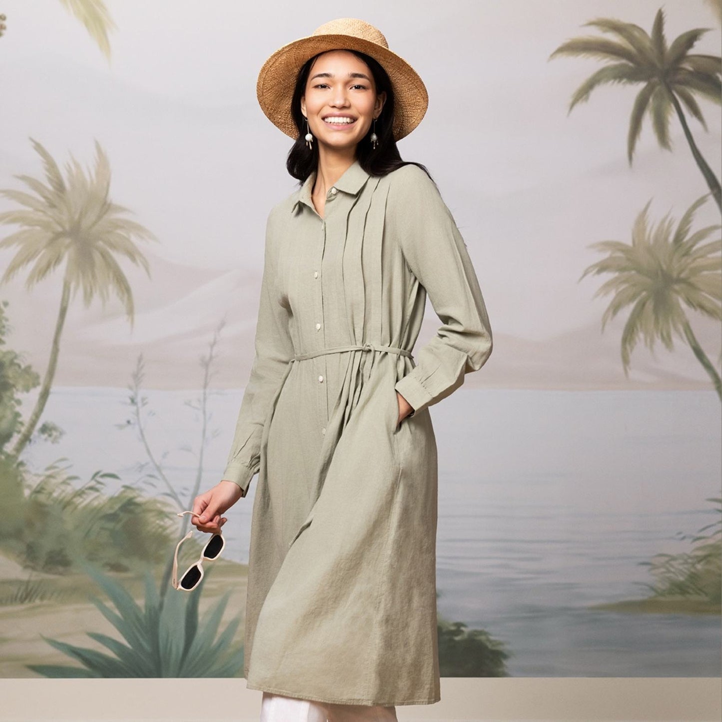 Giordano Women Linen-Cotton Poplin Belted Shirt Dress - Comfort Fit-Green