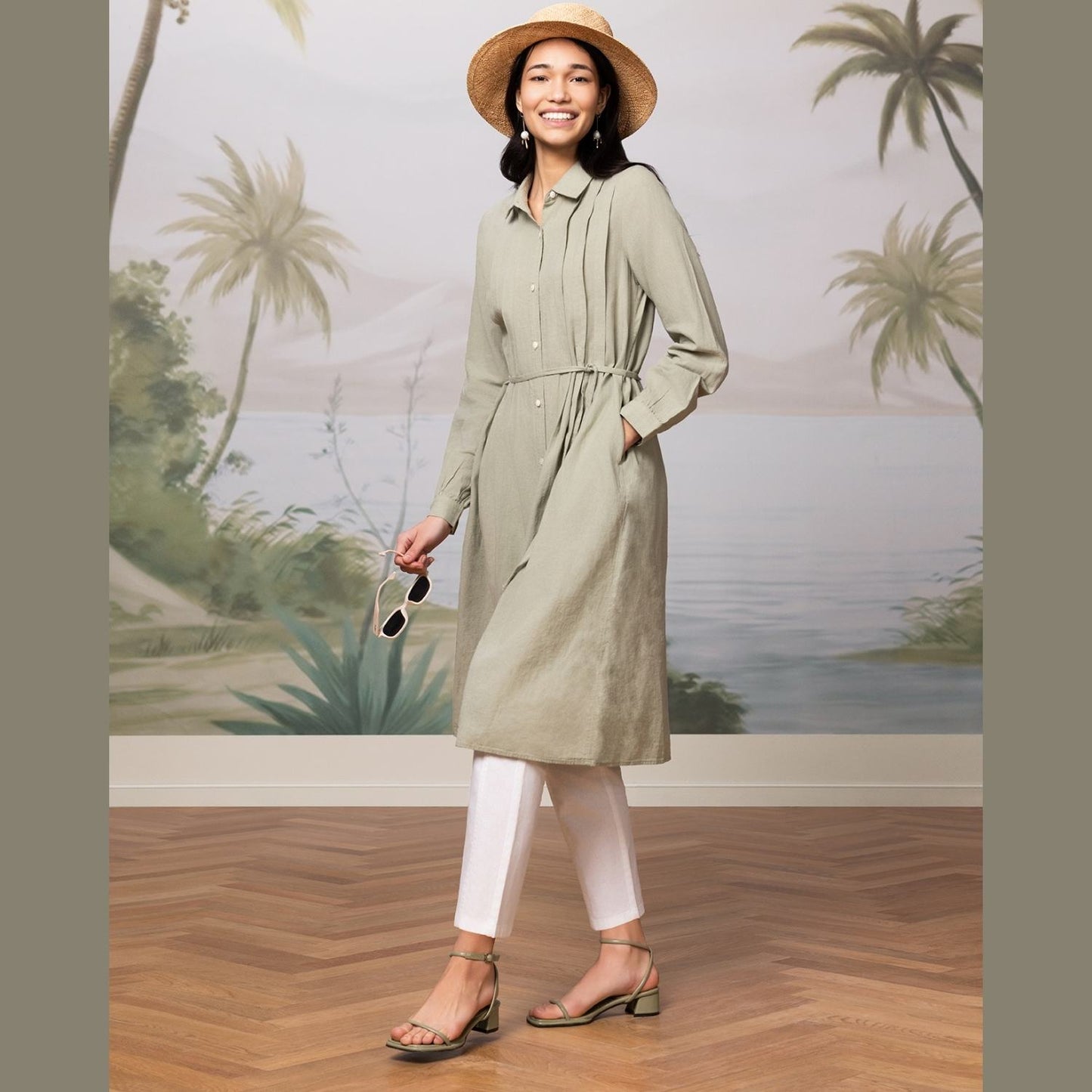 Women Linen-Cotton Poplin Belted Shirt Dress - Comfort Fit