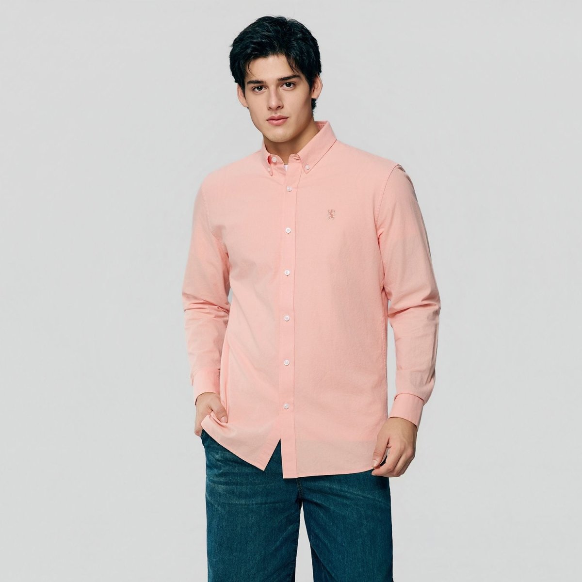 Giordano Men's Cotton Slim Oxford Shirt with Embroidery | Pink Giordano Men's Cotton Slim Oxford Shirt with Embroidery | Pink