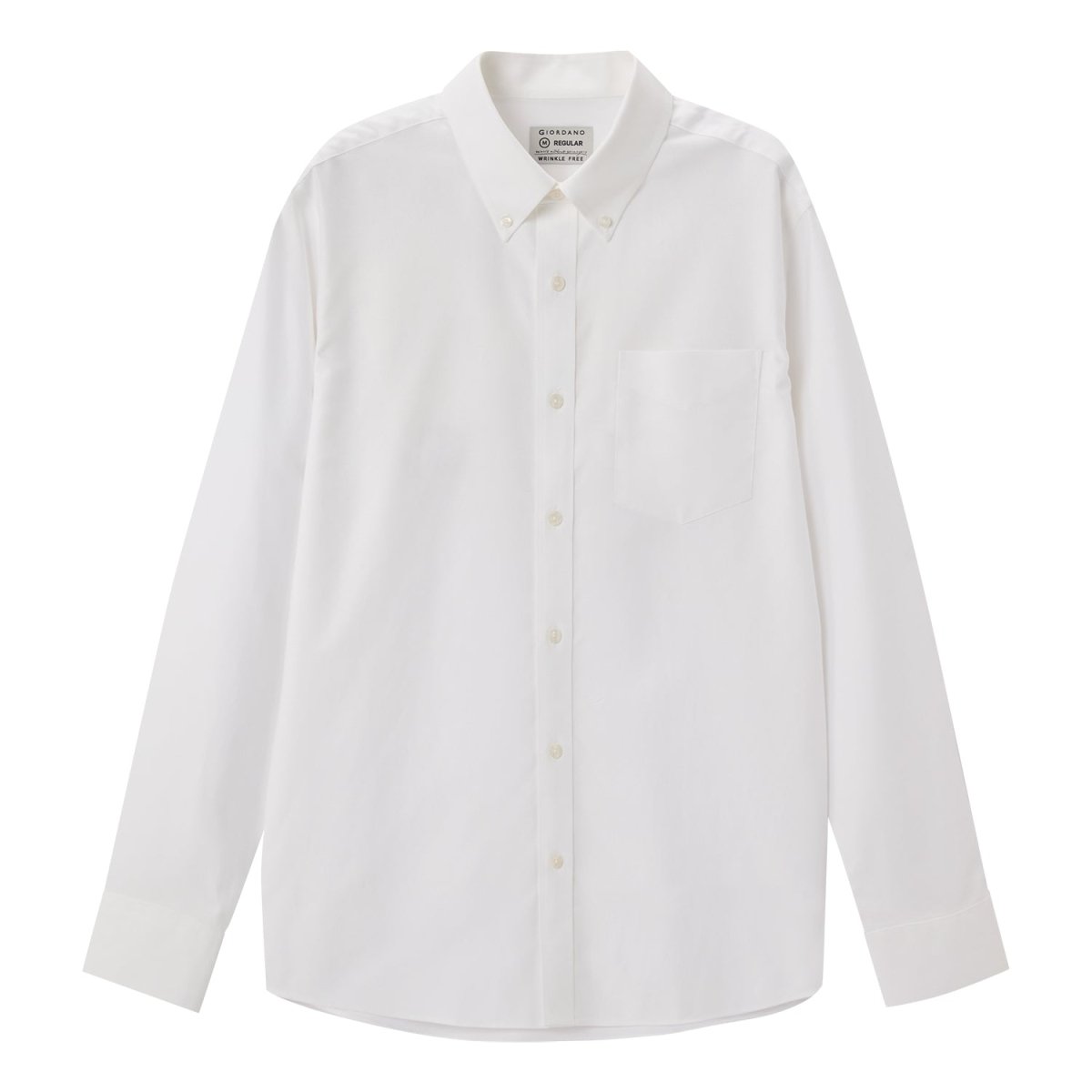 Giordano white wrinkle free cotton shirt for men with long sleeves and button-down collar