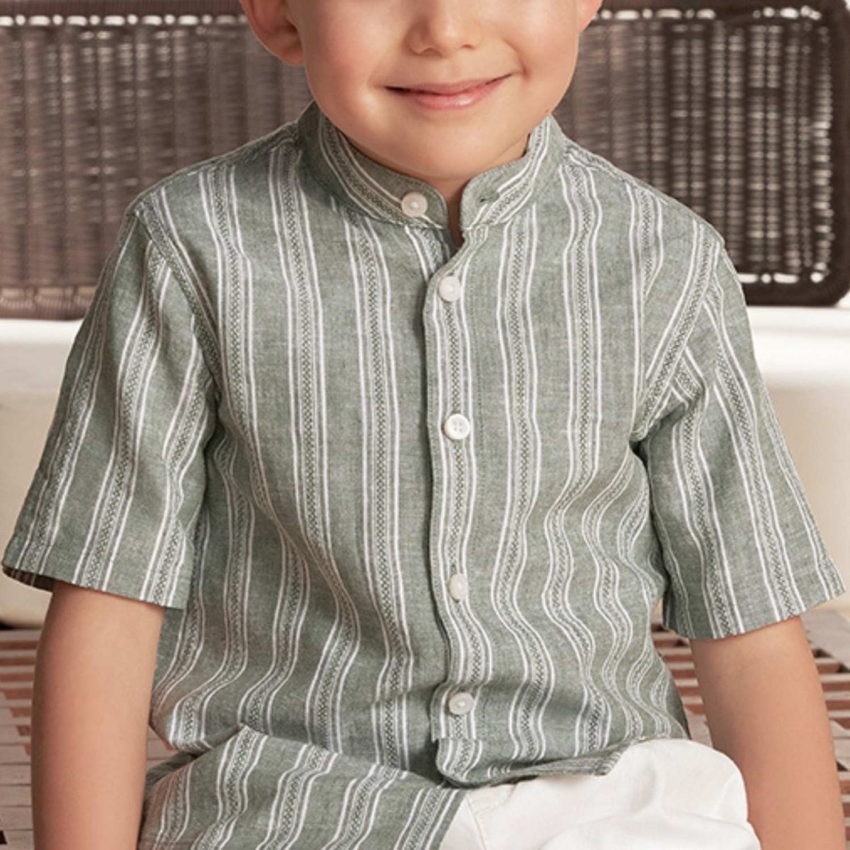 Kids Linen Cotton Band Collar Shirt - Giordano