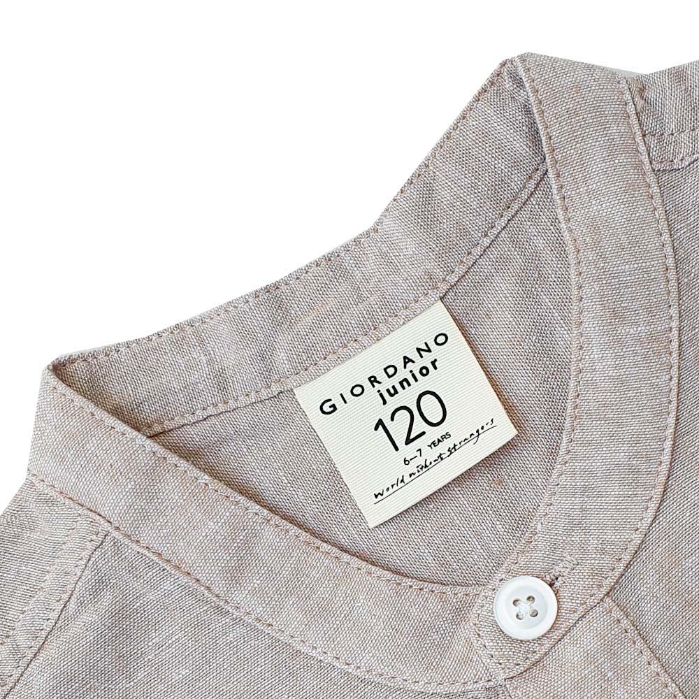 Kids Linen - Cotton Band Collar Shirt - Long Sleeve, Garment Wash - Giordano