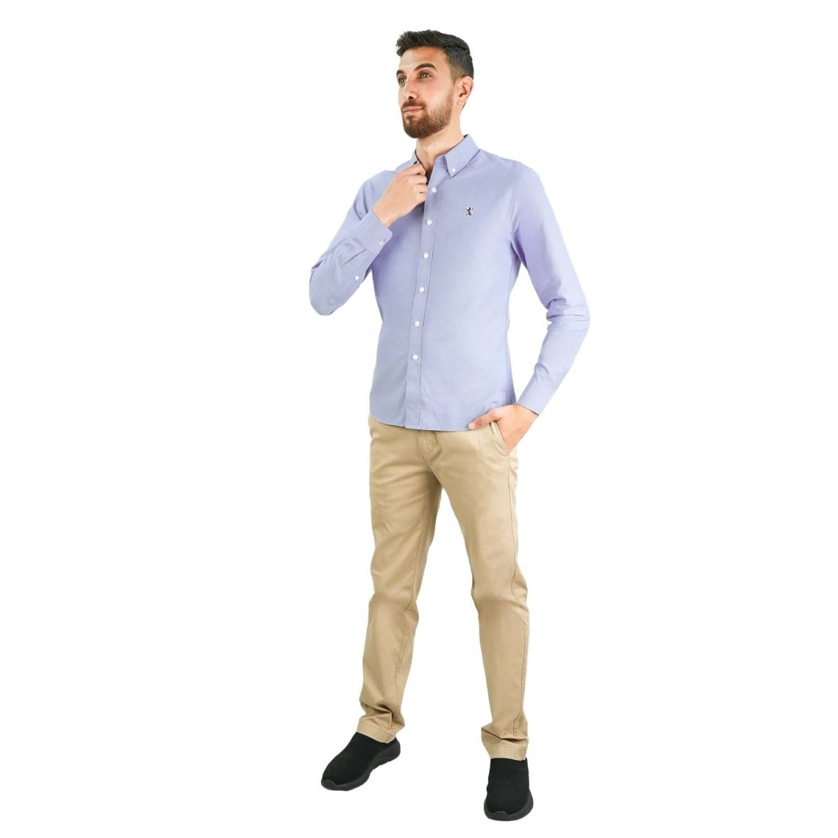 Men's Cotton Oxford Shirt - Small Lion Embroidery, Slim Fit, Full Button - Giordano