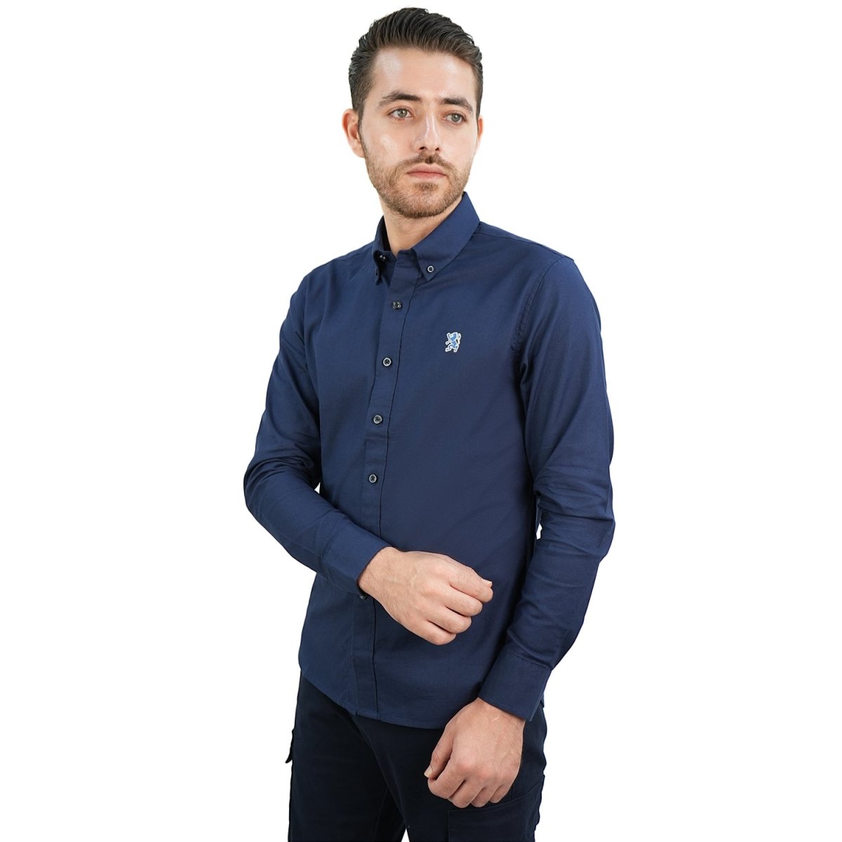 Men's Cotton Oxford Shirt - Small Lion Embroidery, Slim Fit, Full Button - Giordano