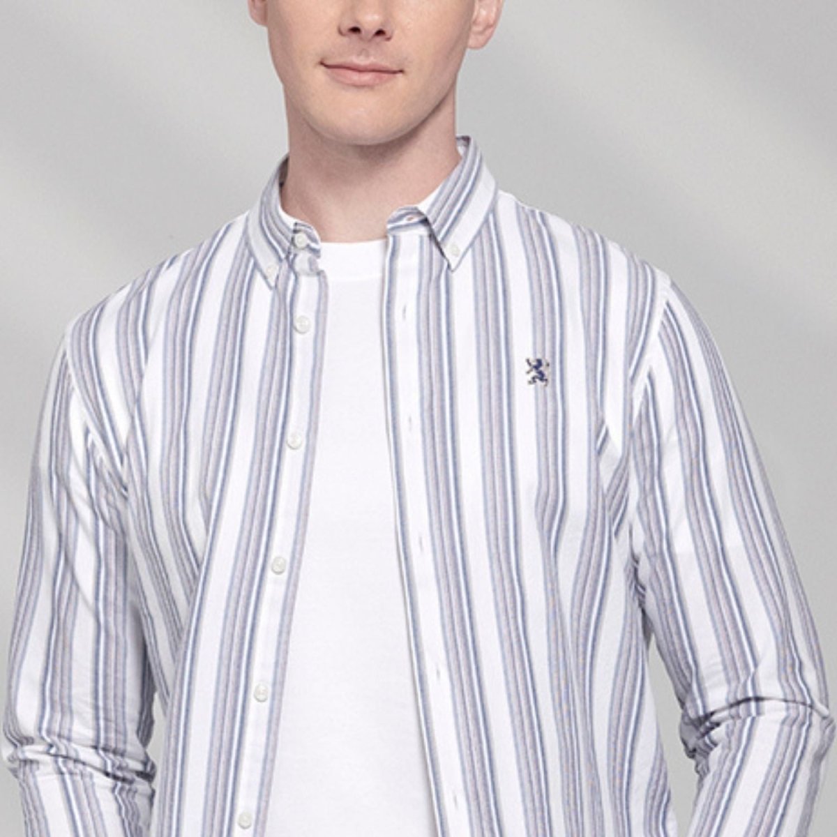 Men's Cotton Oxford Shirt - Small Lion Embroidery, Slim Fit, Full Button - Giordano
