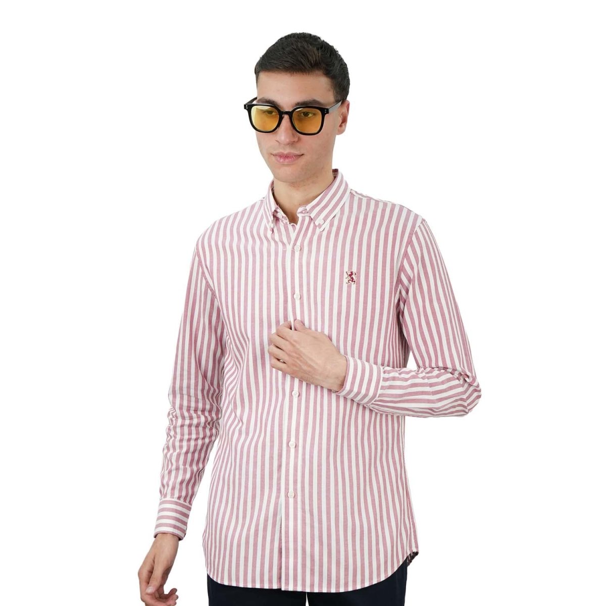 Men's Cotton Oxford Shirt - Small Lion Embroidery, Slim Fit, Full Button - Giordano