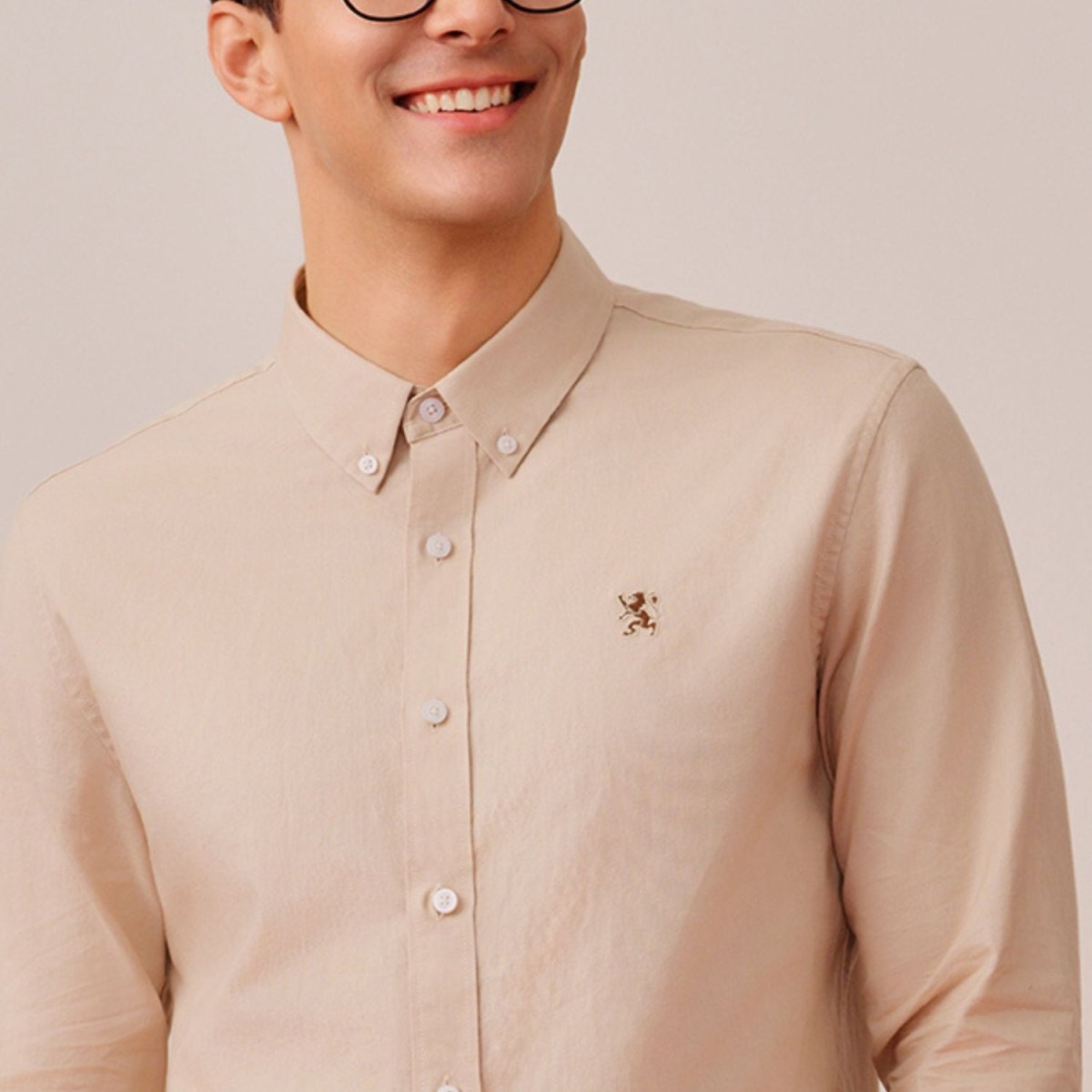 Men's Cotton Oxford Shirt - Small Lion Embroidery, Slim Fit, Full Button - Giordano
