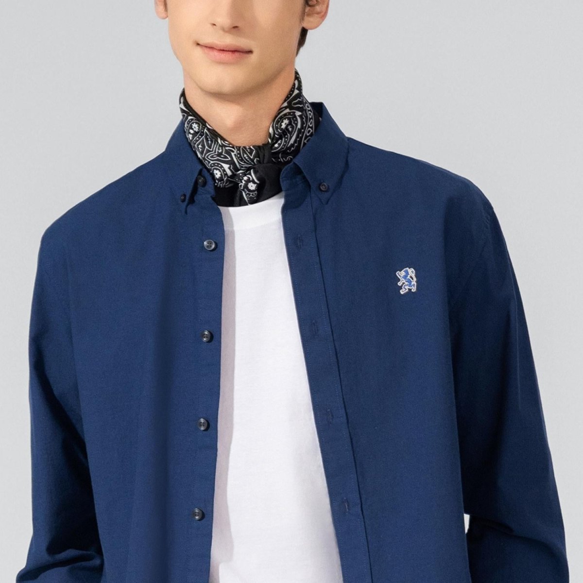 Men's Cotton Oxford Shirt - Small Lion Embroidery, Slim Fit, Full Button - Giordano