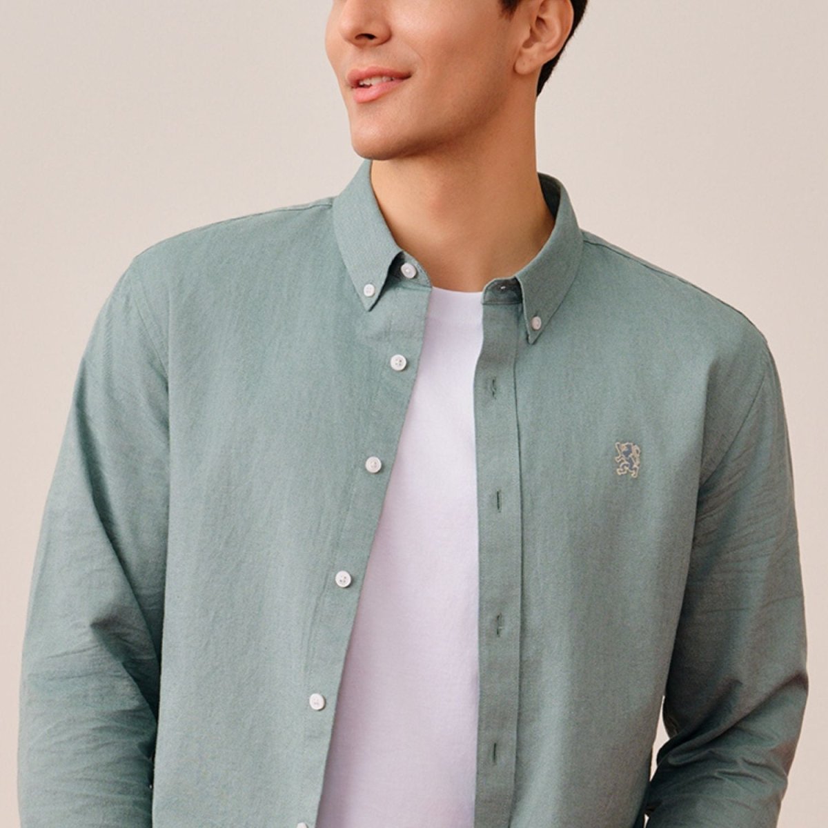 Men's Cotton Oxford Shirt - Small Lion Embroidery, Slim Fit, Full Button - Giordano