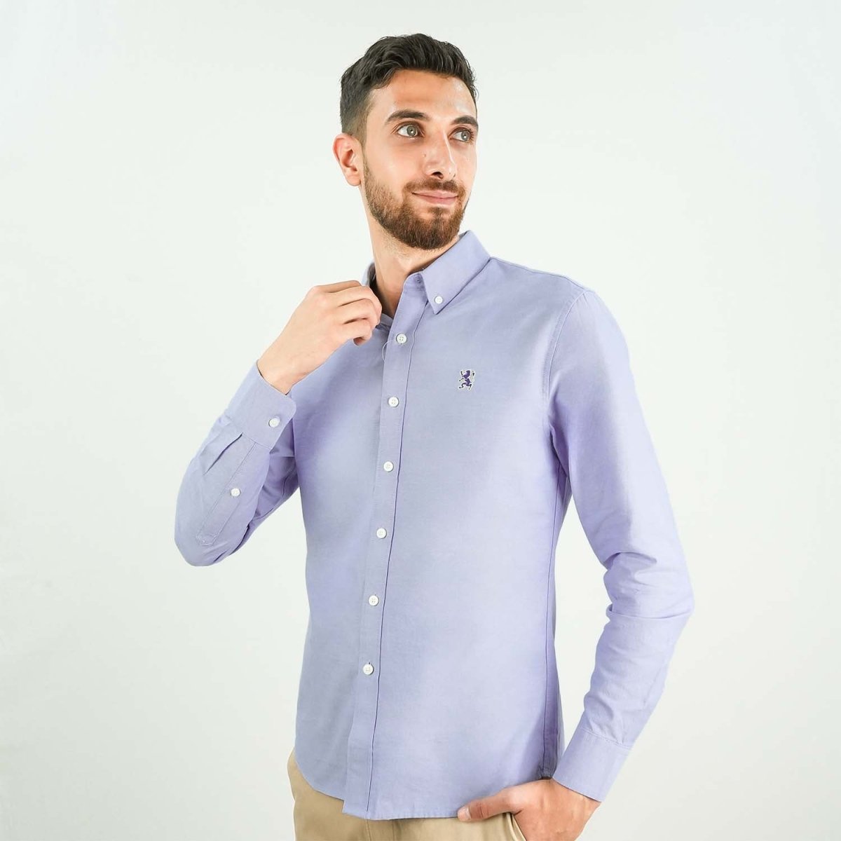 Men's Cotton Oxford Shirt - Small Lion Embroidery, Slim Fit, Full Button - Giordano