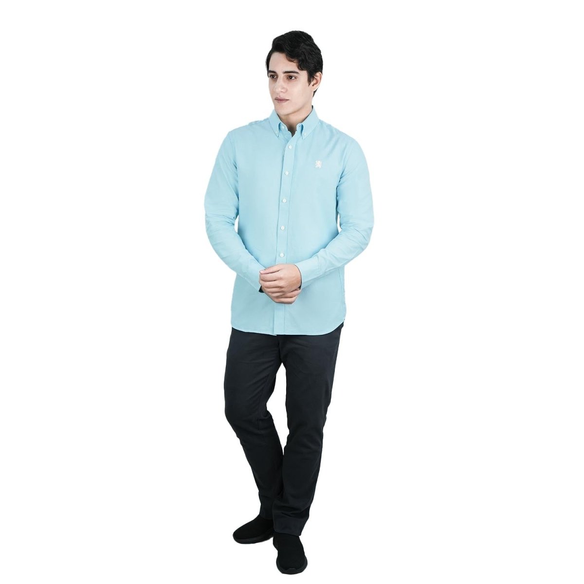 Men's Cotton Oxford Shirt - Small Lion Embroidery, Slim Fit, Full Button - Giordano