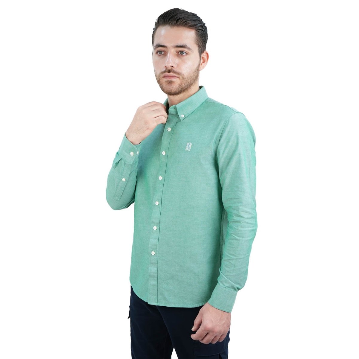 Men's Green Cotton Oxford Shirt – Slim Fit & Lion Detail