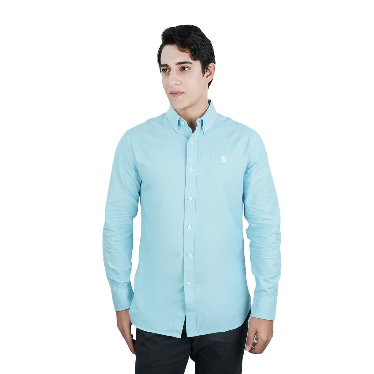 Men's Cotton Oxford Shirt - Small Lion Embroidery, Slim Fit, Full Button - Giordano