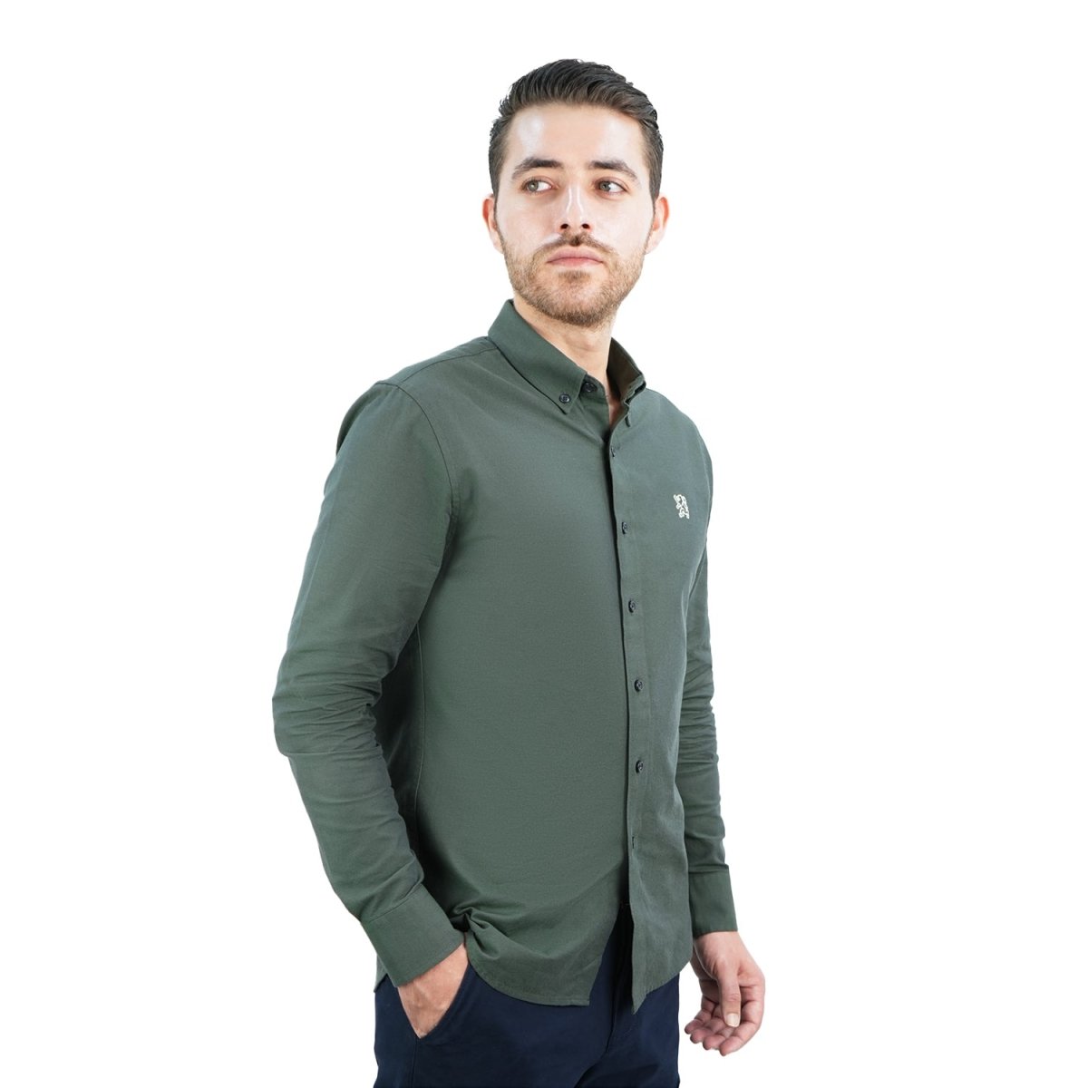 Men's Cotton Oxford Shirt - Small Lion Embroidery, Slim Fit, Full Button - Giordano