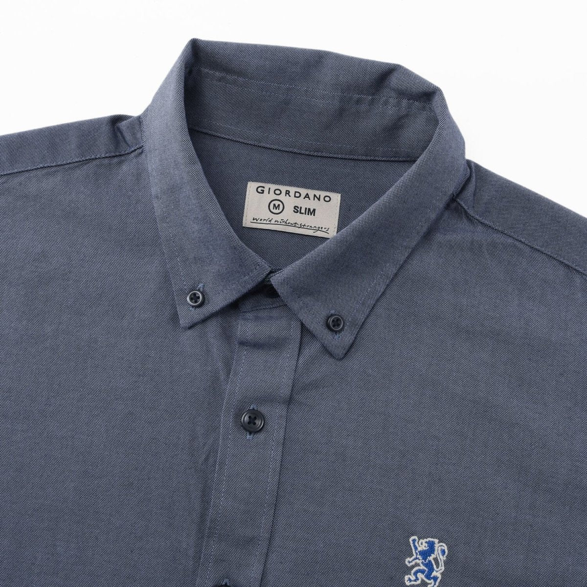 Men's Cotton Oxford Shirt - Small Lion Embroidery, Slim Fit, Full Button - Giordano