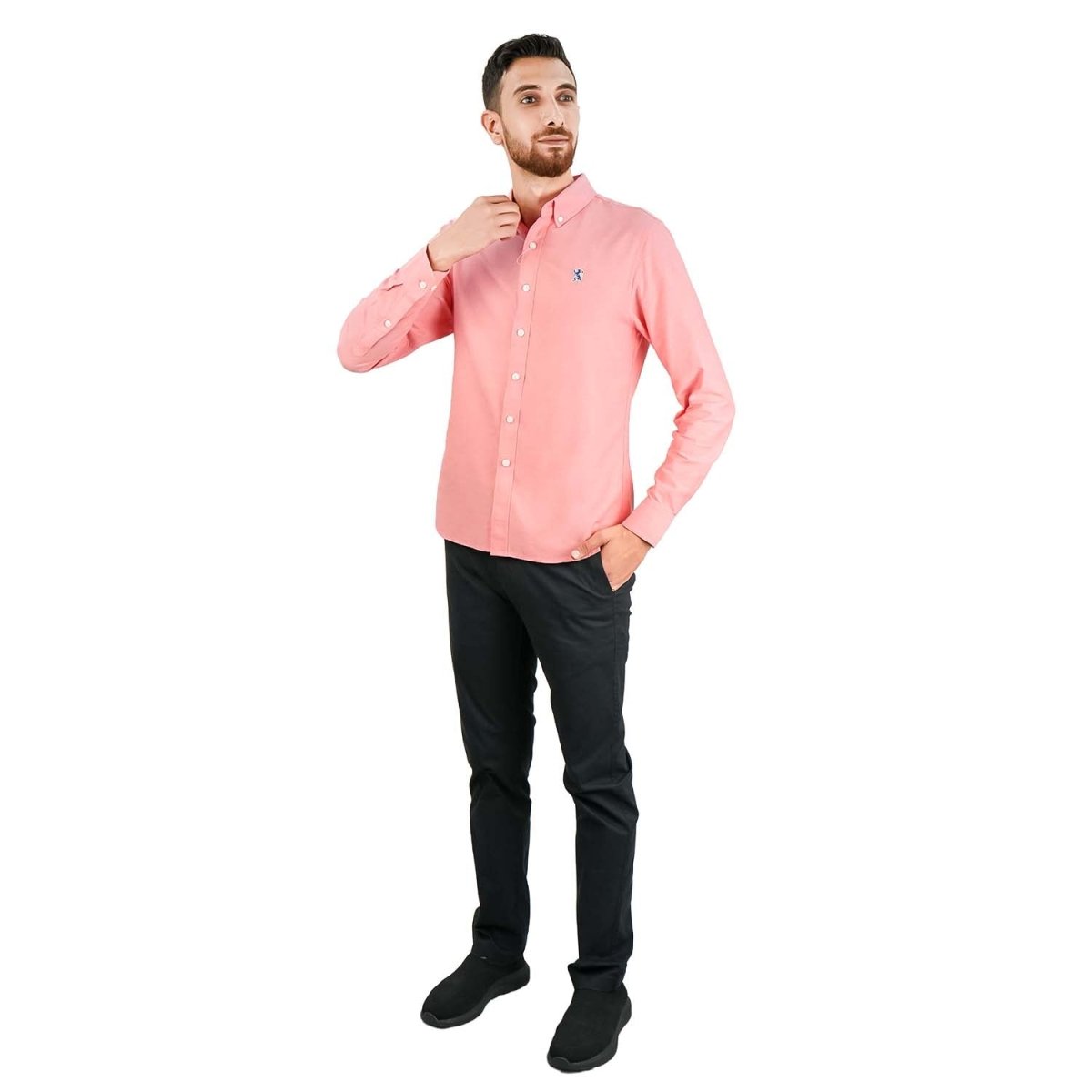 Men's Cotton Oxford Shirt - Small Lion Embroidery, Slim Fit, Full Button - Giordano