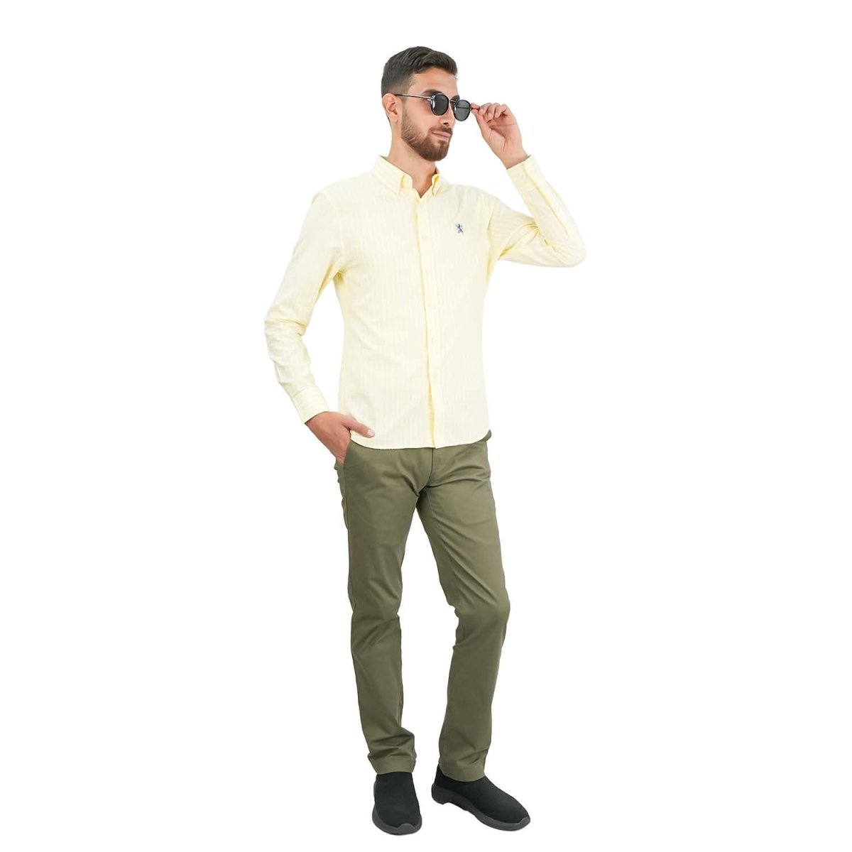 Men's Cotton Oxford Shirt - Small Lion Embroidery, Slim Fit, Full Button - Giordano