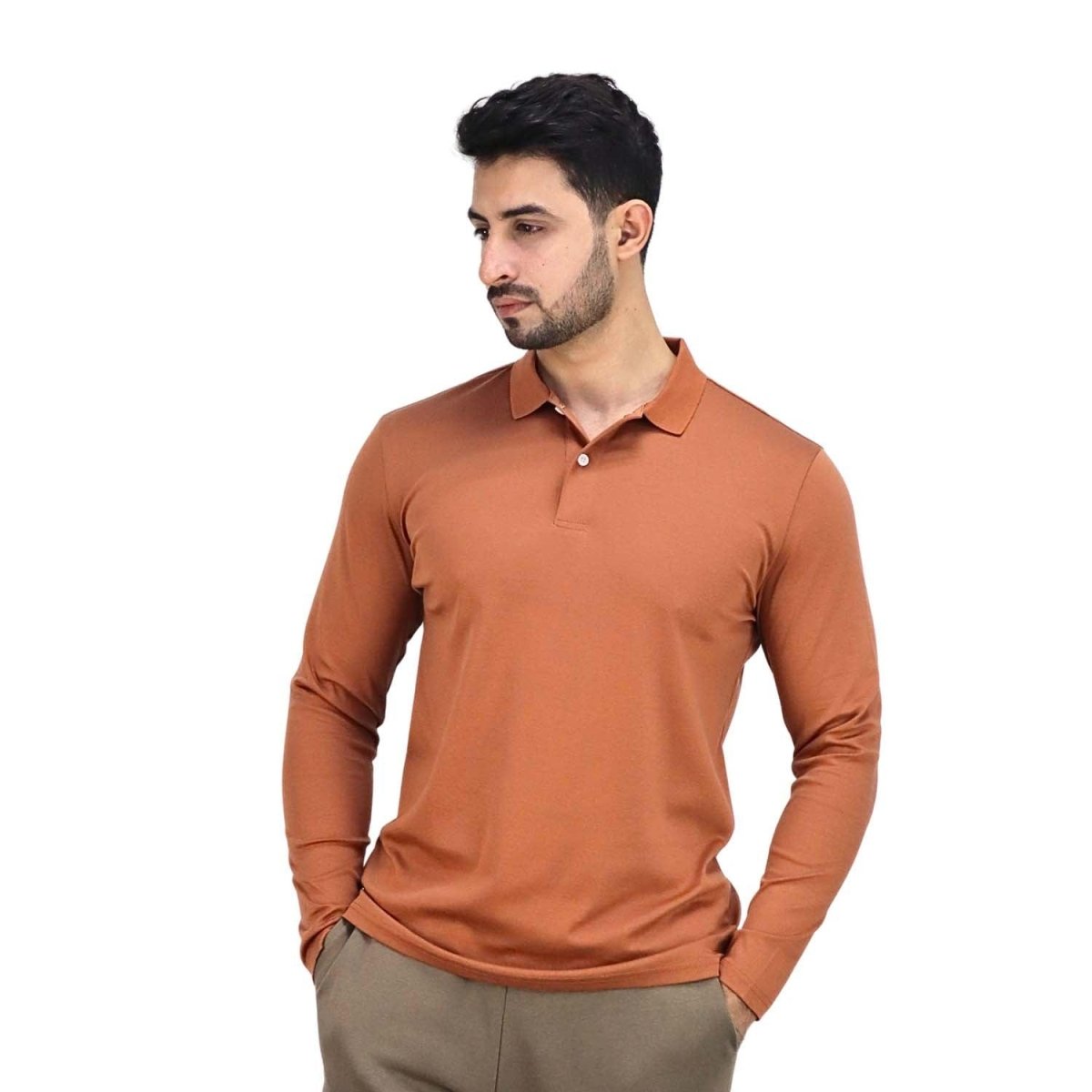 Men's Flat Knit Collar Long Sleeve Liquid Touch Slim Fit Solid Color Polo S - Shop Giordano