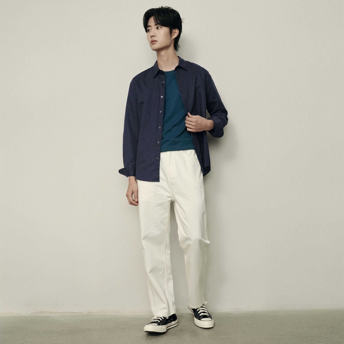 Men’S Regular Fit Linen - Cotton Poplin Long Sleeve Shirt | Korea Collection - Giordano