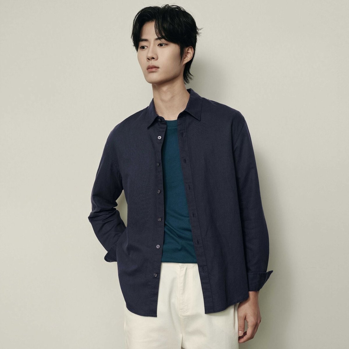 Men’S Regular Fit Linen - Cotton Poplin Long Sleeve Shirt | Korea Collection - Giordano
