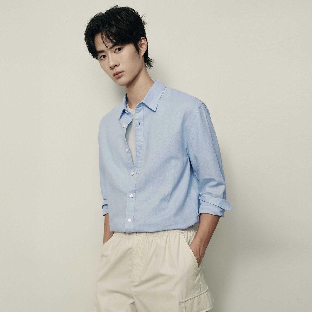 Men’S Regular Fit Linen - Cotton Poplin Long Sleeve Shirt | Korea Collection - Giordano